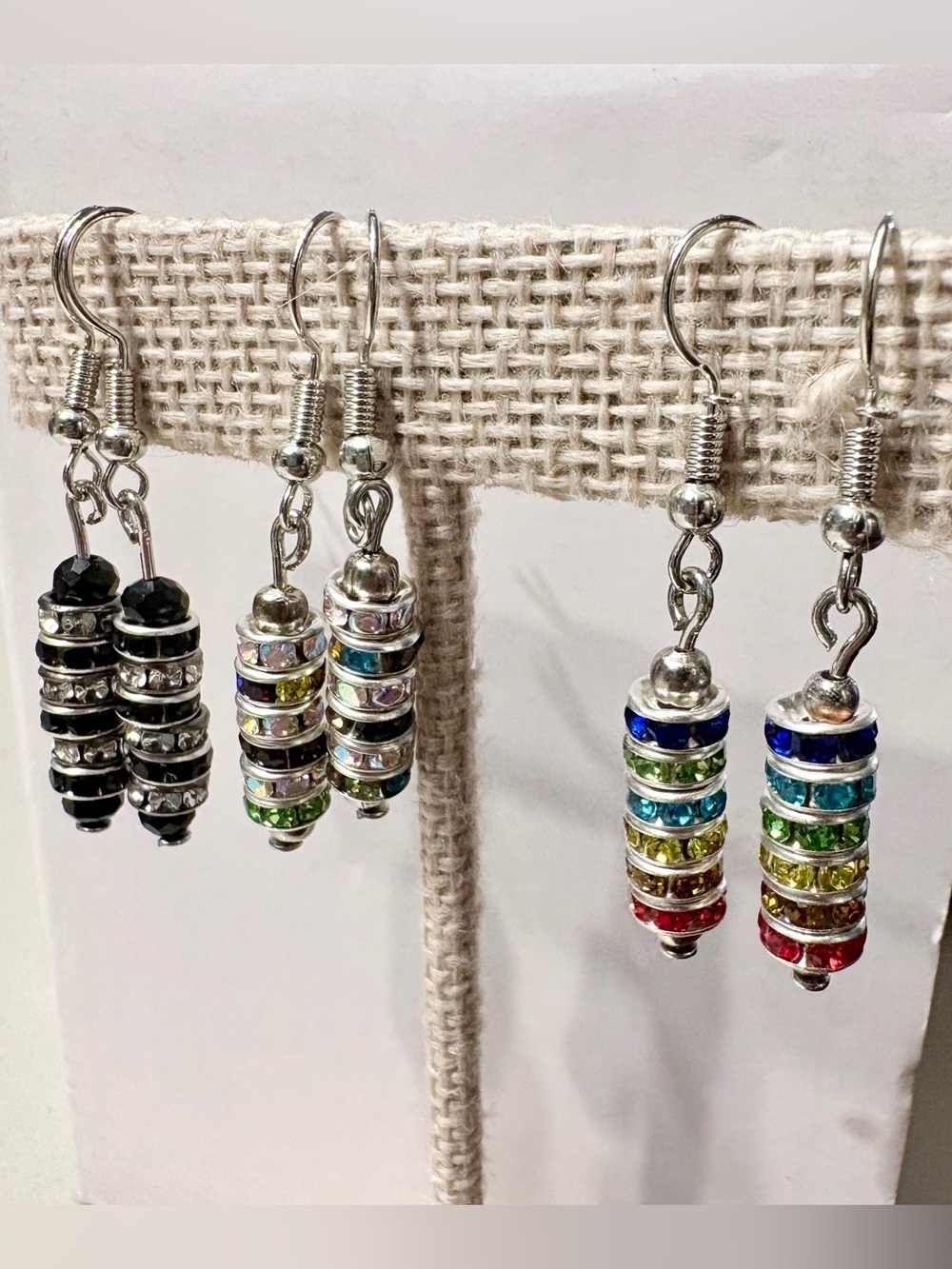 CHOICE OF ONE: Artisan made Silver Multi-Color Crystal Stack Drop Earrings